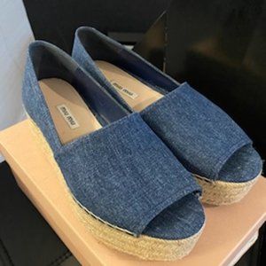 Miu Miu Denim peep toe platform espadrille